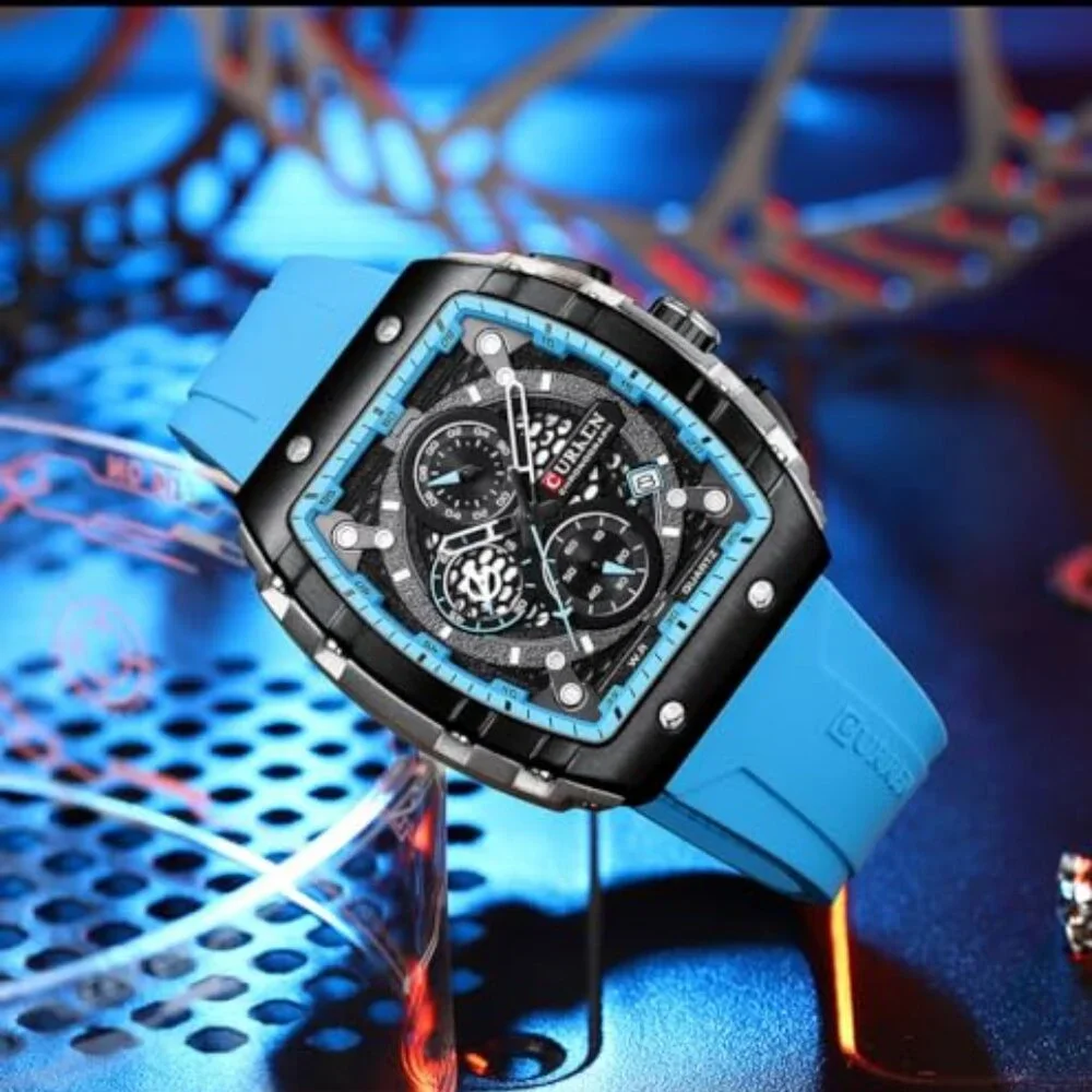 Men's Chronograph Watch with Rubber Strap, Date Window, Water Resistant